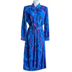 Vintage SCHRADER Pleats Maxi Shirtdress Size 10 Blue Belted Collar Long Sleeve